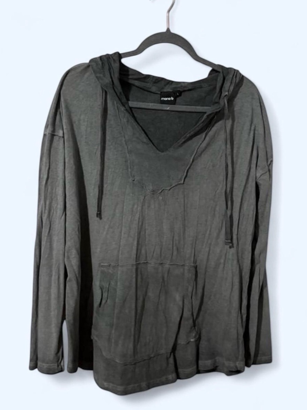 Mono B Gray Cotton Hooded Pullover Top Large Raw Edge V Neck Hoodie lightweight